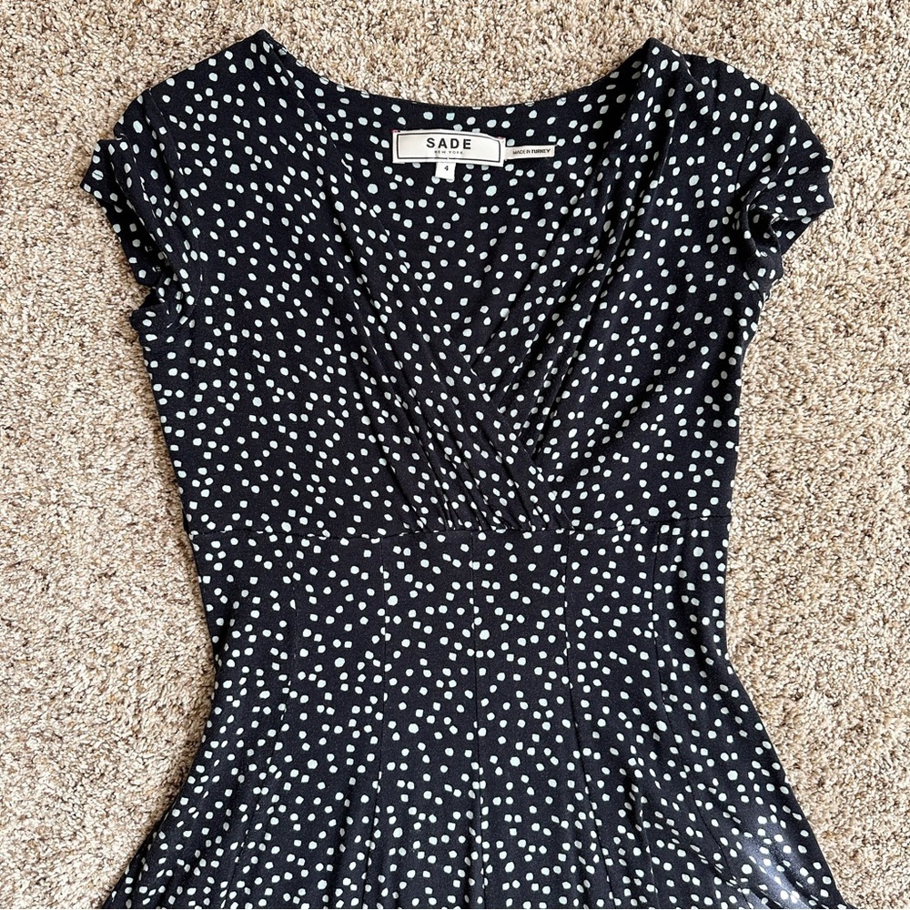 Sade New York Navy Blue Dress Polka Dot Fit Flare Stretch Comfy Casual - Picture 4 of 16